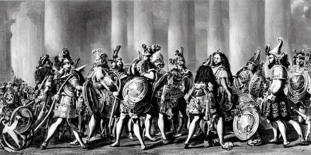 Prompt: black and white photo of Asterix meeting Louis XIV H 1024