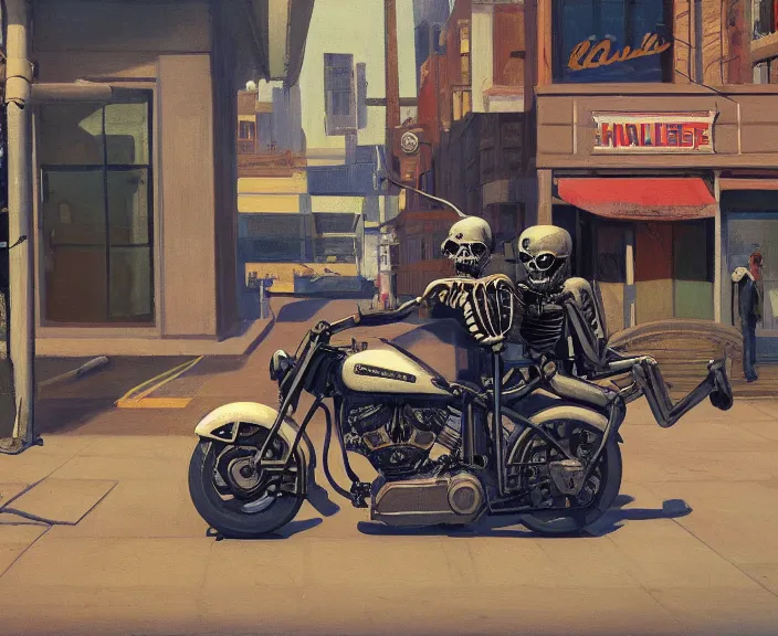 Image similar to a very detailed painting of a skeleton wearing a military jacket, riding a motorbike down a street, harley davidson motorbike, worm's - eye view, very fine brush strokes, very aesthetic, very futuristic, in the style of edward hopper and grant wood and syd mead, 4 k,