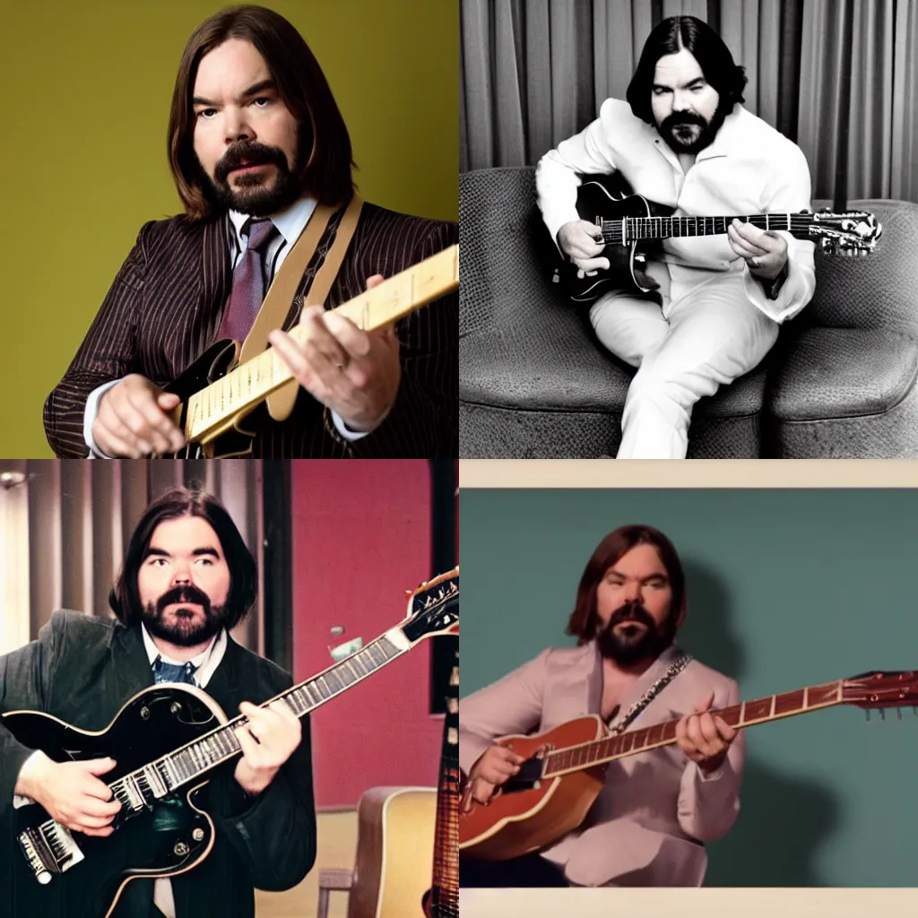 Prompt: Matt Berry playing a G-Major Neutral chord, style of 1970s music video