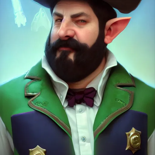 Prompt: a shifty fat high fantasy elf mall cop with a sheriff's badge, Oil Painting, hyperrealistic, octane render, Detailed Digital Art, RPG portrait, 3/4 bust, William-Adolphe Bouguereau, Michael Cheval, dynamic lighting, Highly Detailed, Cinematic Lighting, 8k, HD