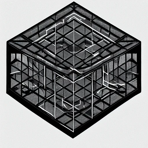 Image similar to inside of blank dark without light endless cube with black walls and white neon contours. Digital Concept Art