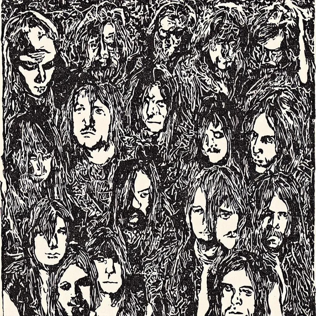 Prompt: Nirvana album cover woodcut illustration cordel literature