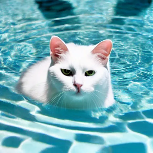 Image similar to white cat with blue eyes on a float in the pool