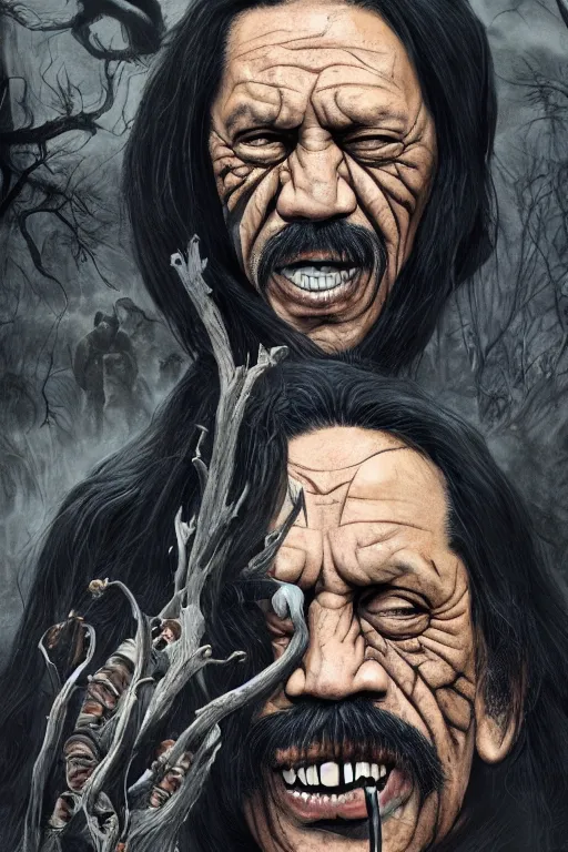 Image similar to danny trejo in sleepy hollow, full body, big two toned eyes, teeth gritted, horror, intricate details, cinematic, epic, realistic, anatomy, tomer hanuka, uplight, artstation, photorealistic, scary