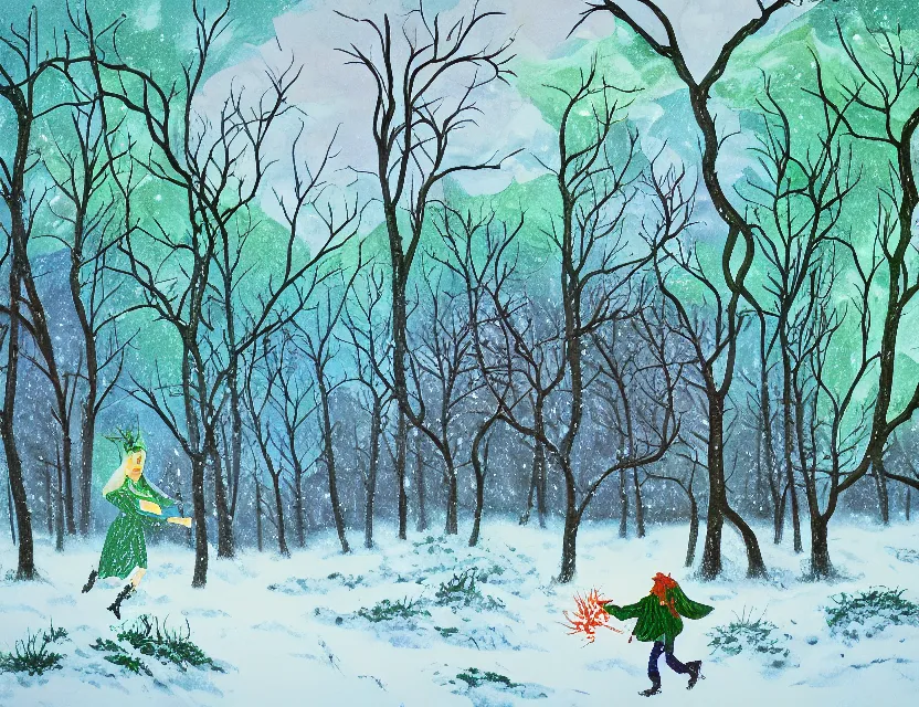 Image similar to wild, lush chia pet frolicking in snowy woods, stormy skies. russian fairytale art, gouache, dynamic composition, backlighting