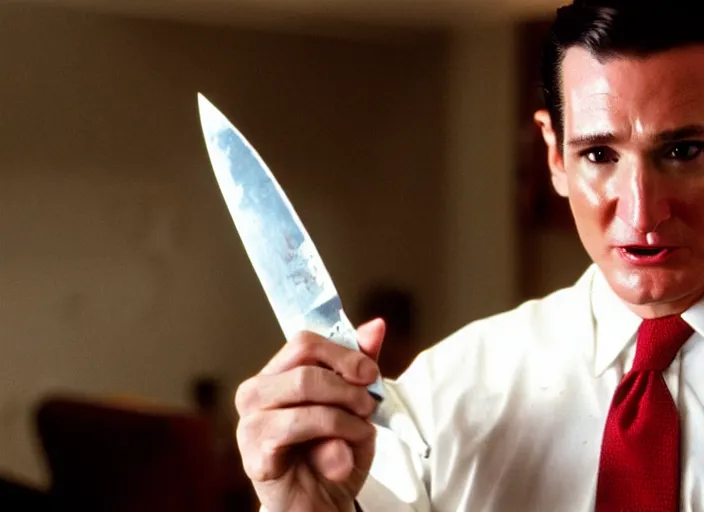 Image similar to film still of ted cruz as patrick bateman wearing a bloody poncho holding a knife in american psycho