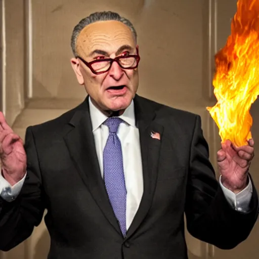 Prompt: Chuck Schumer summoning fire, lightning, and intense energy