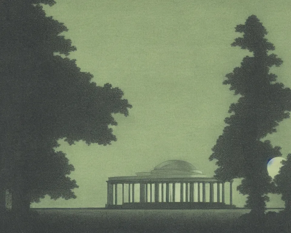 Prompt: beautiful print of the Jefferson Memorial bathed in moonlight by Hasui Kawase and Lyonel Feininger.