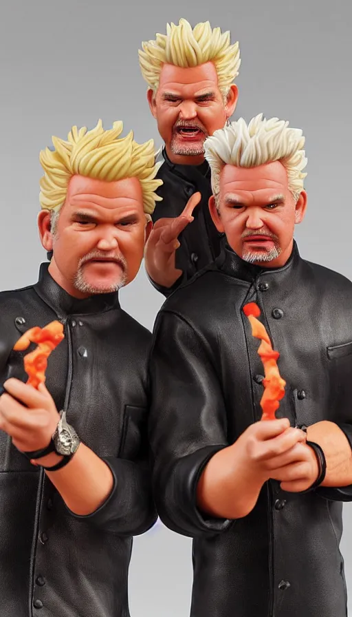 Prompt: hot toys figurine of guy fieri and gordon ramsay, realistic, up close image, 1 / 1 6 th scale, unopened, listing image, hd