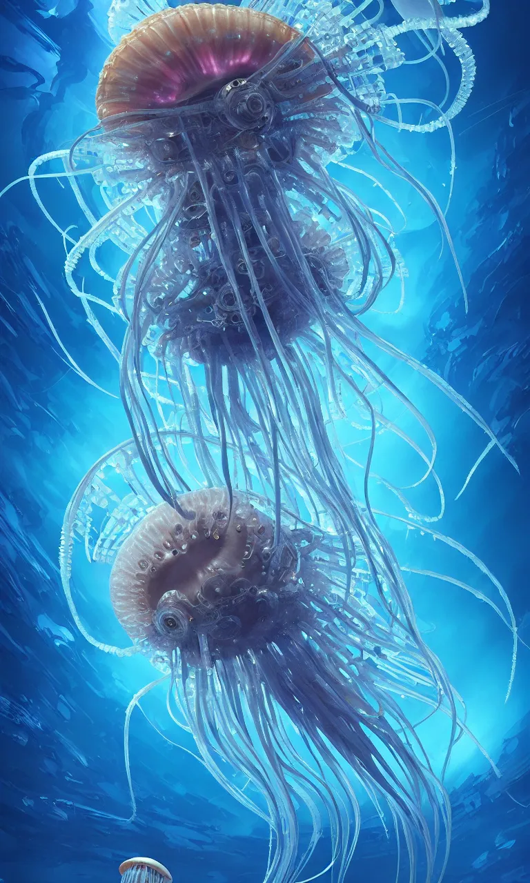 Image similar to Panorama hyper detailed painting of a cyberpunk jellyfish, blue tones, underwater, 8 mm, highly detailed, digital painting, artstation, concept art, smooth, sharp focus, illustration, art by artgerm and greg rutkowski and alphonse mucha