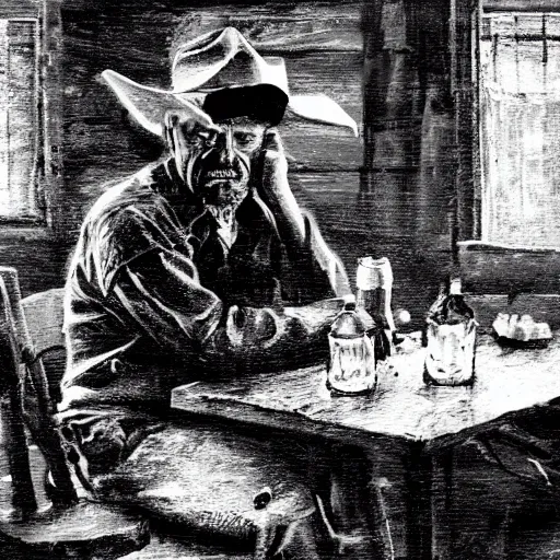 Prompt: modern stylized oil painting portrait of wrinkled and rugged cowboy, dirty and muddy with worker clothes at table with bottle in western saloon, 1890, masterpiece, realistic and detailed, artstation, interesting artificial spotlight lightning, cinematic, dramatic