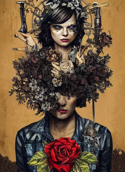 Image similar to tarot card :: horror :: hearts and roses :: cigarettes and smoke :: gold and silver :: guns and swords :: side profile :: highly details :: intricate details :: Sandra Chevrier and bastien lecouffe deharme