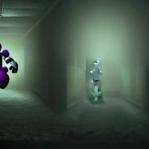 Prompt: portrait, bonnie, FNAF, game screenshot, jumpscare, dramatic lighting, bloody, cinematic, fog, establishing shot, action shot, dynamic pose, running down the hallway, creepy ambience