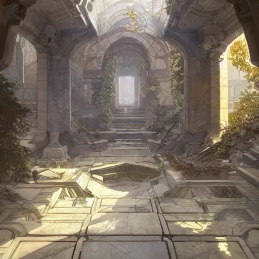 Image similar to A wide open courtyard in a beautiful dwarven city made of marble, inside the underground cave, lustrous minerals, a fantasy digital painting, artstation, concept art, sharp focus, illustration, art by greg rutkowski and alphonse mucha