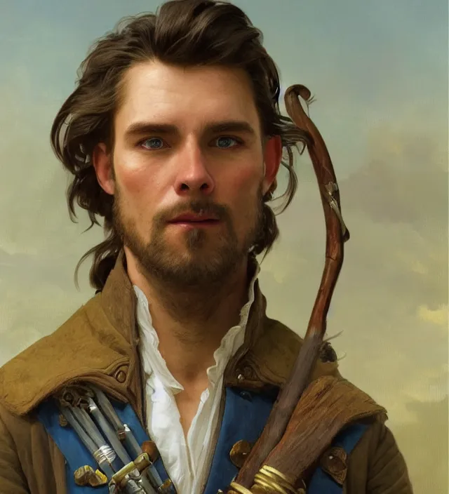 Image similar to candid portrait of a man with brown wavy hair and glowing bright blue eyes, surrounded by blue energy, powering up, wearing a blue traditional colonial military jacket, intricate, holding a spear, highly detailed, digital painting, artstation, concept art, sharp focus, cinematic lighting, illustration, art by artgerm and greg rutkowski, alphonse mucha, cgsociety