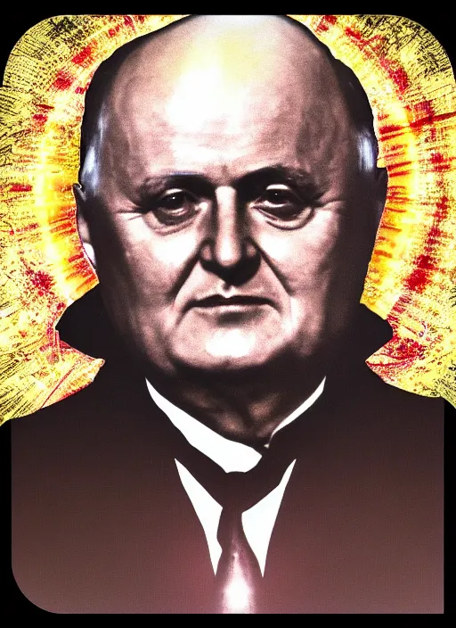 Image similar to comrade gorbachev in hell, infernal icon with halo, color art in church style 4 k