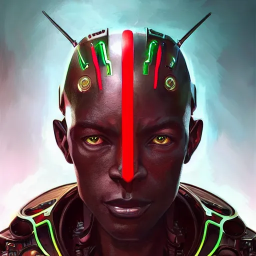 Image similar to zulu cyborg, male, green eyes, red diodes, science fiction, highly detailed, digital painting, beautiful eyes, symmetry, concept art, sharp focus, illustration, art by artgerm and greg rutkowski and magali villeneuve and ilya kuvshinov!