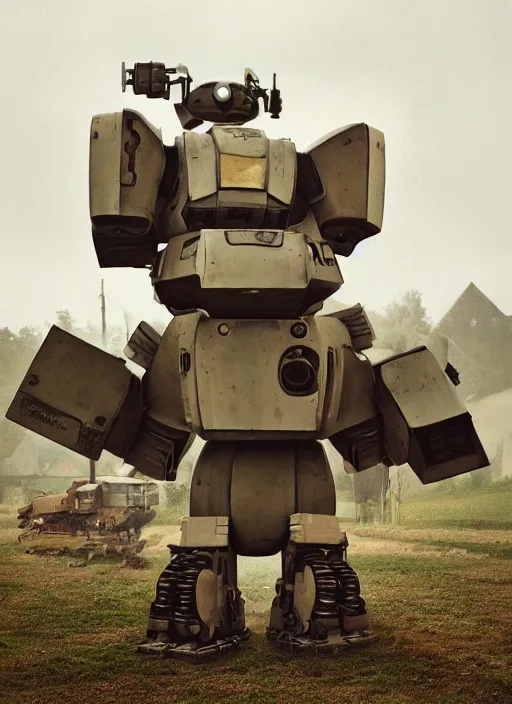 Prompt: epic battle pose!!! giant oversized battle rabbit robot chubby mech baby with big ears, on a village, full body, cinematic focus, polaroid photo, vintage, neutral dull colors, soft lights, foggy, by oleg oprisco, by victor enrich, by gregory crewdson