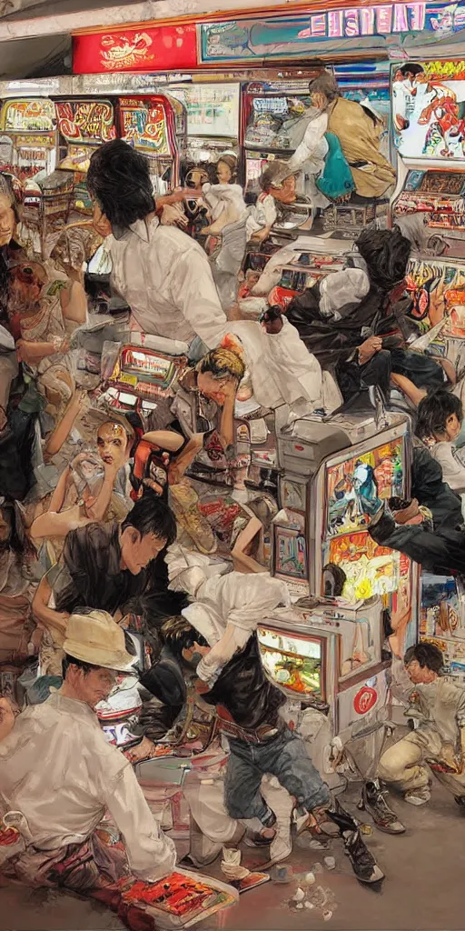 Image similar to oil painting scene from amusement arcade by kim jung gi