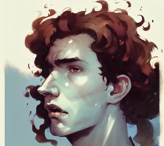 Image similar to portrait men with red curly hair and bright eyes atey ghailan, by greg rutkowski, by greg tocchini, by james gilleard, by joe fenton, by kaethe butcher, by ashley wood, dynamic lighting, gradient light blue, brown, blonde cream and white color scheme, grunge aesthetic