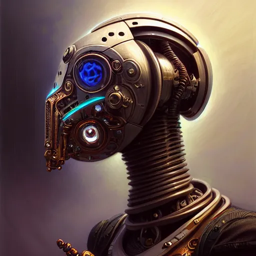 Image similar to low angle portrait shot of a cyberpunk gazmask robot character, intricate, elegant, highly detailed, centered, digital painting, artstation, concept art, smooth, sharp focus, illustration, artgerm, Tomasz Alen Kopera, Peter Mohrbacher, donato giancola, Joseph Christian Leyendecker, WLOP, Boris Vallejo