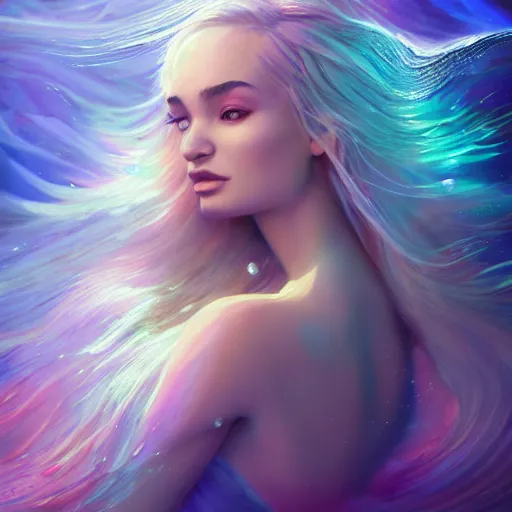 Image similar to A mesmerizing ethereal oceanic portrait of Kim Petras, splash art, dispersion art, natural light, sunlit, hyperdetailed, artstation, cgsociety, 8k