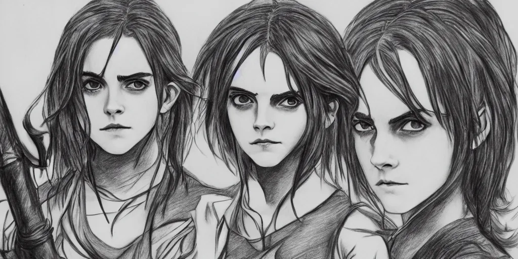 Prompt: emma watson in a demon slayer manga, pencil and vine charcoal drawing, on medium grade paper, indian ink, variable lineart, grayscale, manga tones, detailed, set in hell, with volcanoes in the background, threatening an oompa loompa, hyper realistic