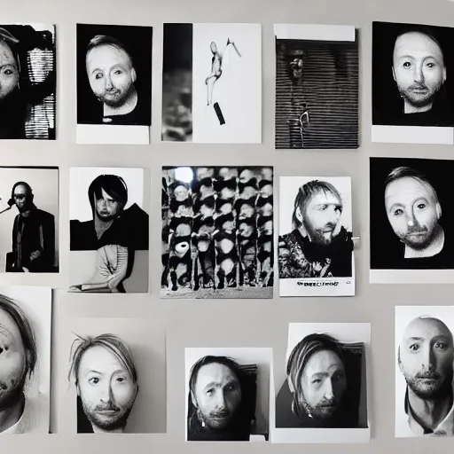 Image similar to photograph of prints of random thom yorke pictures on a table, hyper realistic, many very random variations of thom yorke, various emotions, various poses, high quality photographs, mixed styles, intricate details, diverse