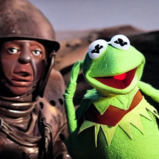 Image similar to kermit the frog in a scene from mad max