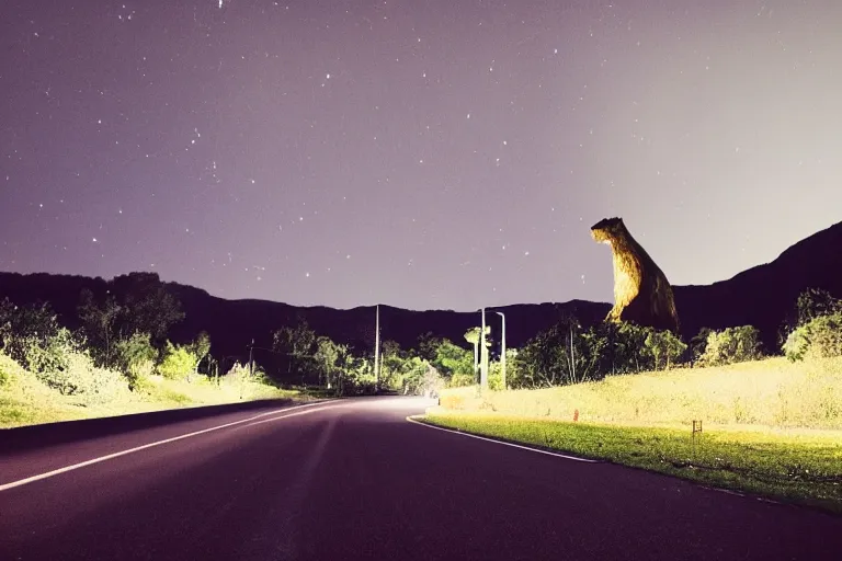 Prompt: looking down road, neighborhood lining the road, hills background with a big creature, mid night, lonely, car light, view of a car