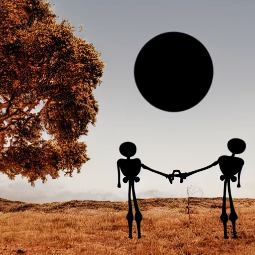 Image similar to skeleton couple holding hands and gazing to the sun eclipse