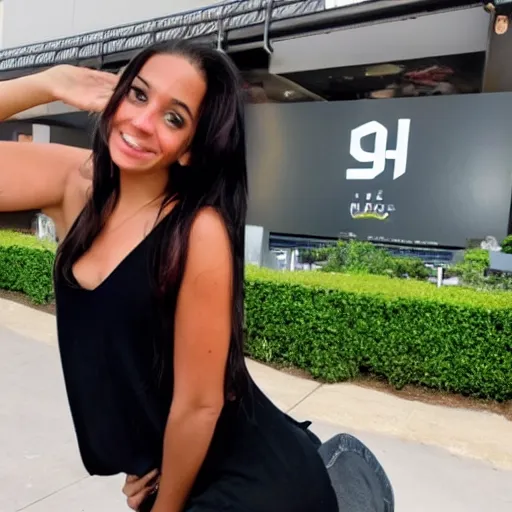Prompt: olivia lopes from the h3 podcast posing to take a picture with her mouth tilted, high quality, photography