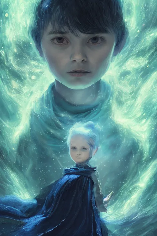 Image similar to a fancy portrait of a small celestial child in a blue and green portal to another dimension by greg rutkowski, sung choi, mitchell mohrhauser, maciej kuciara, johnson ting, maxim verehin, peter konig, bloodborne, 8 k photorealistic, cinematic lighting, hd, high details, dramatic, dark atmosphere, trending on artstation