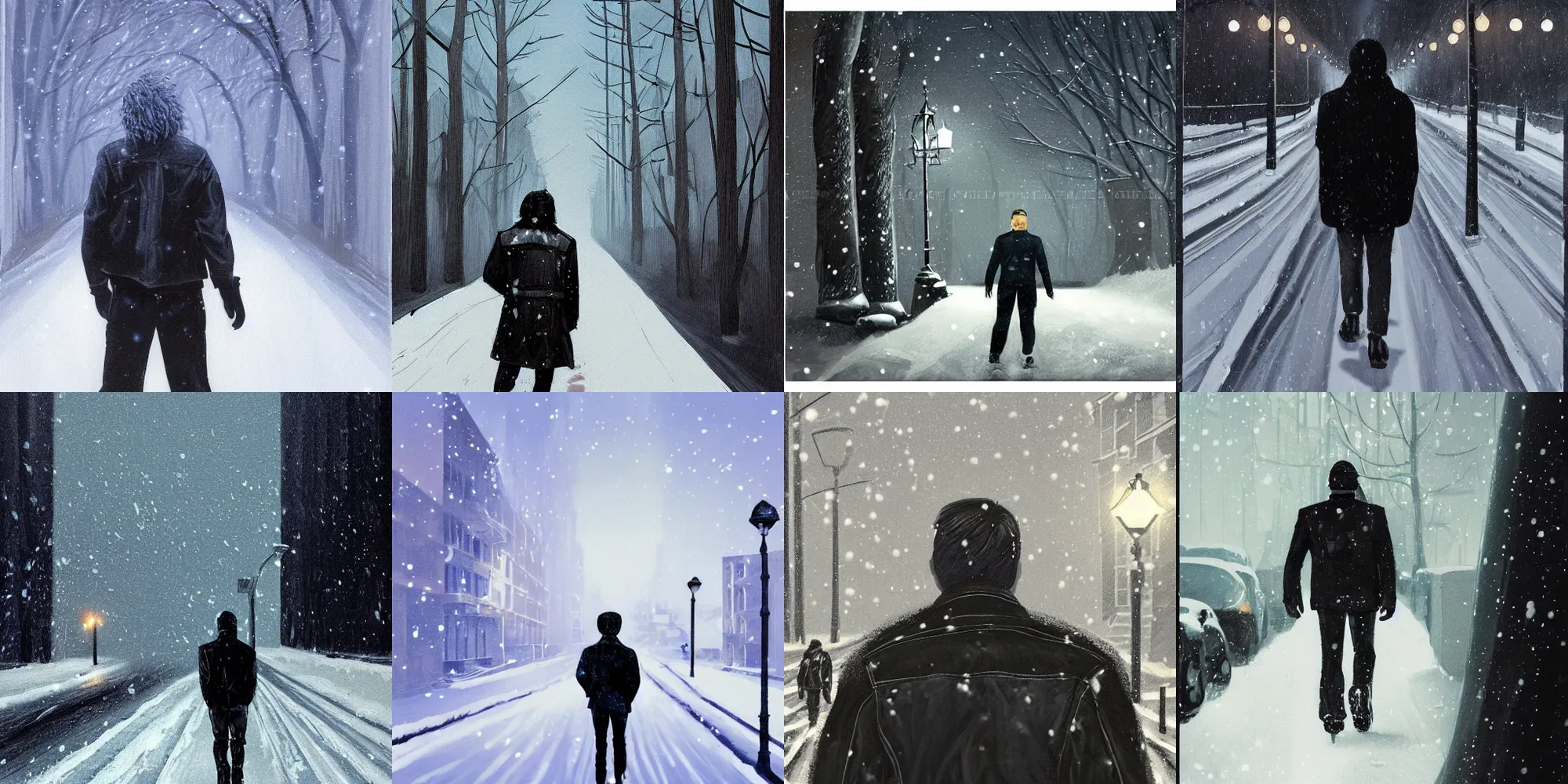 Prompt: snow - covered man from back in pacing to empty alley with street lamps in park with pines to the horizon, dressed in short leather jacket, snowfall at night, 1 9 8 0 s mullet haircut, black hairs, half - length portrait, concept art, perfect symmetrical eyes, cinematic, dramatic, painting, digital art, detailed, hyperrealism, igla movie shot, low lighting