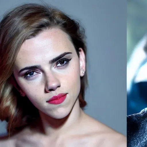 Image similar to a woman who is a genetic combination of scarlett johansson and emma watson face and upper - body focus