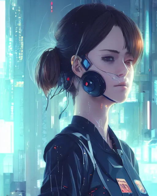 Image similar to kyoto animation, cool girl wearing cyberpunk intricate jumpsuit, respirator, detailed portrait, cell shaded, 4 k, concept art, by wlop, ilya kuvshinov, artgerm, krenz cushart, greg rutkowski, pixiv. cinematic dramatic atmosphere, sharp focus, volumetric lighting, cinematic lighting, studio quality