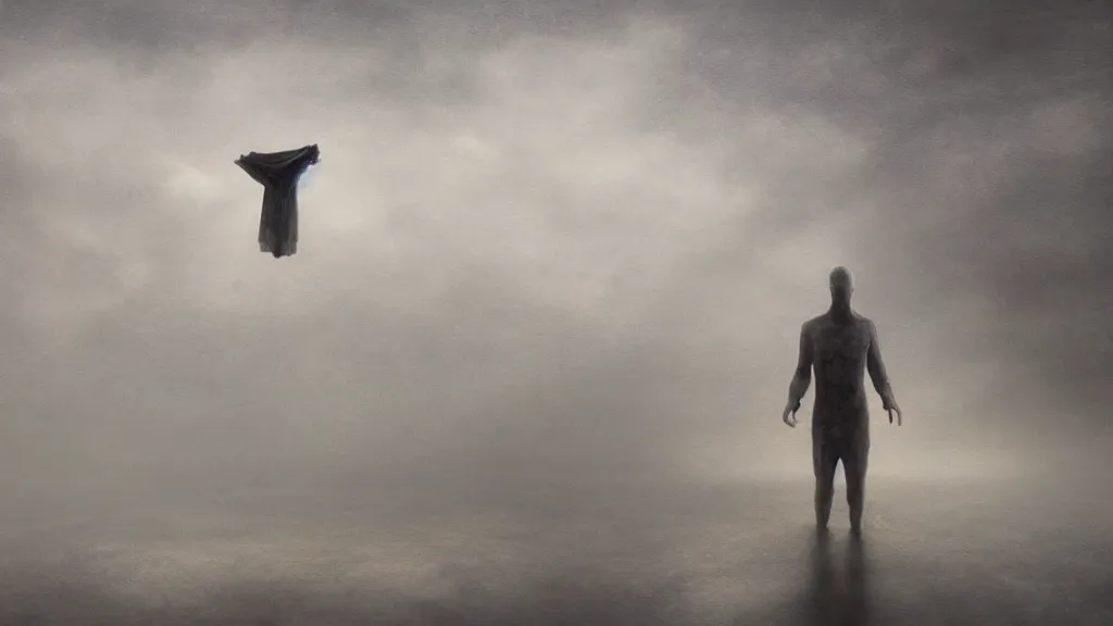Prompt: a surreal dreamlike scene of a lone spirit floating in a liminal void, somber melancholic matte painting, highly detailed oil painting, liminal space, 8k, stillness, empty cold austere atmosphere, masterpiece