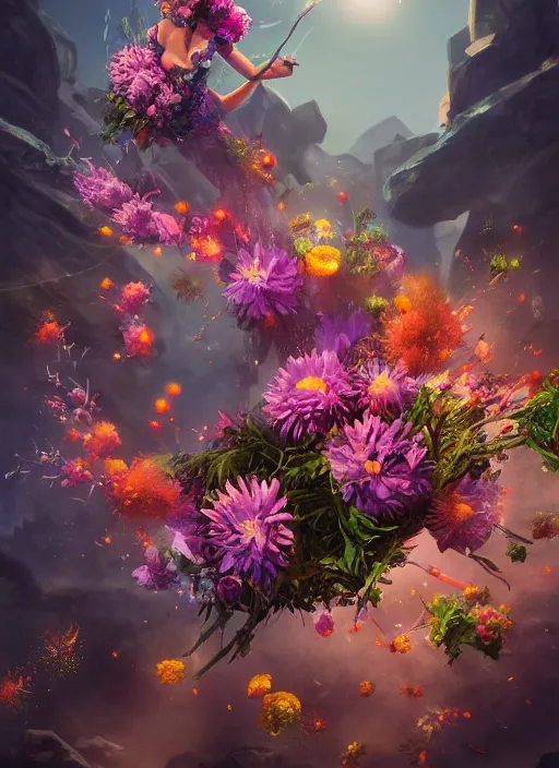 Image similar to An epic fantastic realism comic book style painting of the most beautiful flowers launched like meteors, bouquets, fisheye lens, unreal 5, DAZ, hyperrealistic, octane render, dynamic lighting