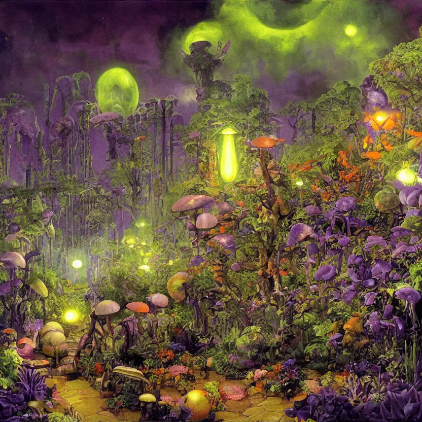 Prompt: a neoclassicist sci - fi painting of a purple and orange alien garden with plants, flowers, mushrooms at night with glowing bubbles. iridescent textures. glowing fog. highly detailed fantasy science fiction painting by moebius, norman rockwell, frank frazetta, and syd mead. rich colors, high contrast, gloomy atmosphere, dark background. artstation