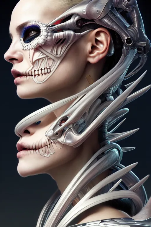 Prompt: ultra detailed side portrait of female android, sharp focus, sci - fi, fantasy art, digital illustration, dia de los muertos. octane render, unreal engine, global illumination, intricate detailed. concept art. art by artgerm and wlop and giger and greg rutkowski and rossdraws and alphonse mucha, 8 k
