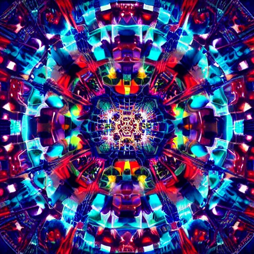 Image similar to a nighttime cityscape with a sky of of geometric kaleidoscopic colors trending on artstation 4 k intricate digital art