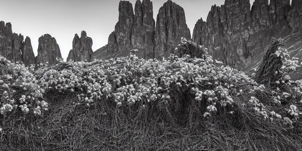 Image similar to photography of wood hay monsters, edelweiss growing from their head, forest, dolomites, alpine, detailed intricate insanely detailed octane render, 8k artistic 1920s photography, photorealistic, black and white, chiaroscuro, hd, by David Cronenberg, Raphael, Caravaggio