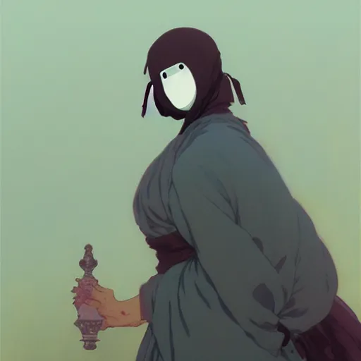 Image similar to no face from spirited away, highly detailed, digital painting, artstation, concept art, sharp focus, illustration, art by greg rutkowski and alphonse mucha