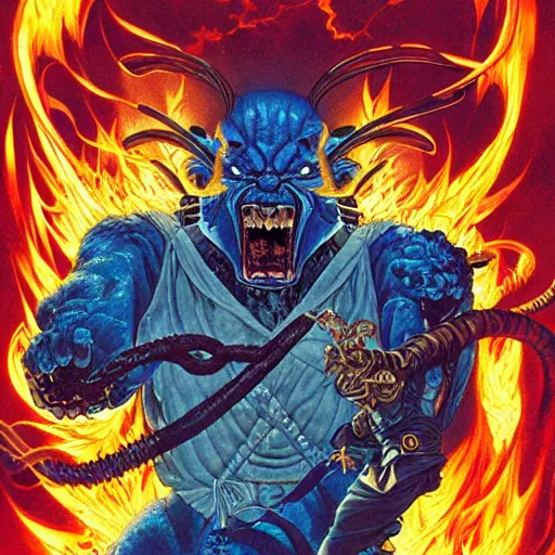 Image similar to portrait of crazy balrog with fire, symmetrical, by yoichi hatakenaka, masamune shirow, josan gonzales and dan mumford, ayami kojima, takato yamamoto, barclay shaw, karol bak, yukito kishiro