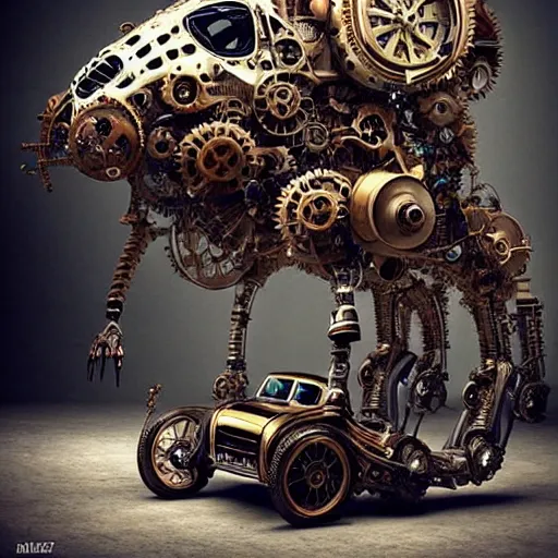 Prompt: biomechanical steampunk vehicle reminiscent of fast sportscar with robotic parts and (glowing) headlights parked in ancient lush palace, gothic and baroque, brutalist architecture, ultradetailed, creepy ambiance, fog, artgerm, giger, Intricate by Ellen Jewett and Josan Gonzalez and Giuseppe Arcimboldo