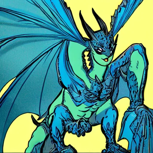 Prompt: A large azure dragoness atop a castle tower by Andy Kubert, highly detailed, in the style of Grant Morrison's batman