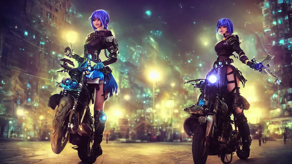 Image similar to cosplay blue haired, solo female character, light armour, miniskirt, riding steampunk motorcycle, in fantasy sci - fi city, night time, city lights, motion blur, final fantasy, cinematic, realistic, stylised, unreal engine, lumen, realistic, artgerm