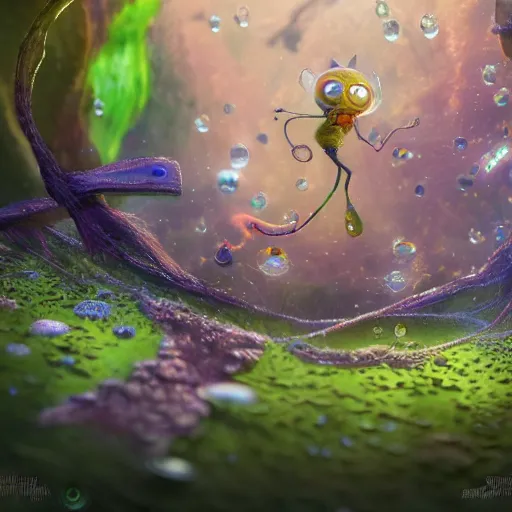 Prompt: tiny witch, vegetation, expressive eyes, floating, rbc, radiolaria, protophyta, micro - organisms, center frame, symmetric, rim light, marine microbiology, bioluminescence, electric, fur, soft, concept art, intricate details, highly detailed, colorful, photorealistic, disney pixar, octane render, iridescent, anime, 8 k