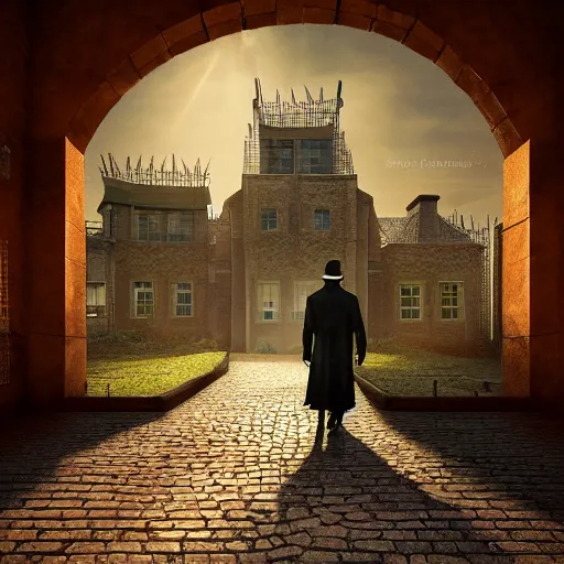 Prompt: cloaked detective walking through the wrought iron gates of an old mental institution, a menacing tower looms over the courtyard, and an evening sun bathes the cobblestone gates in a orange light, Randy Vargas, highly detailed, featured on Artstation