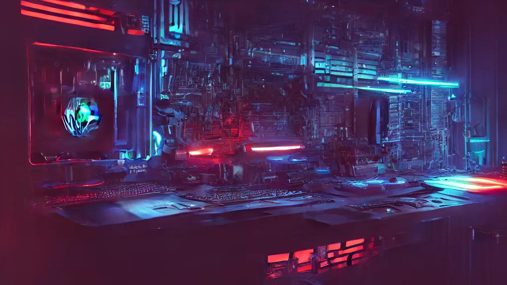 Prompt: a cyberpunk overpowered computer. Overclocking, watercooling, custom computer, cyber, mat black metal, orange neon stripes, alienware, futuristic design, Beautiful dramatic dark moody tones and lighting, Ultra realistic details, cinematic atmosphere, studio lighting, shadows, dark background, dimmed lights, industrial architecture, Octane render, realistic 3D, photorealistic rendering, 8K, 4K, computer setup, highly detailed, desktop computer, desk, table